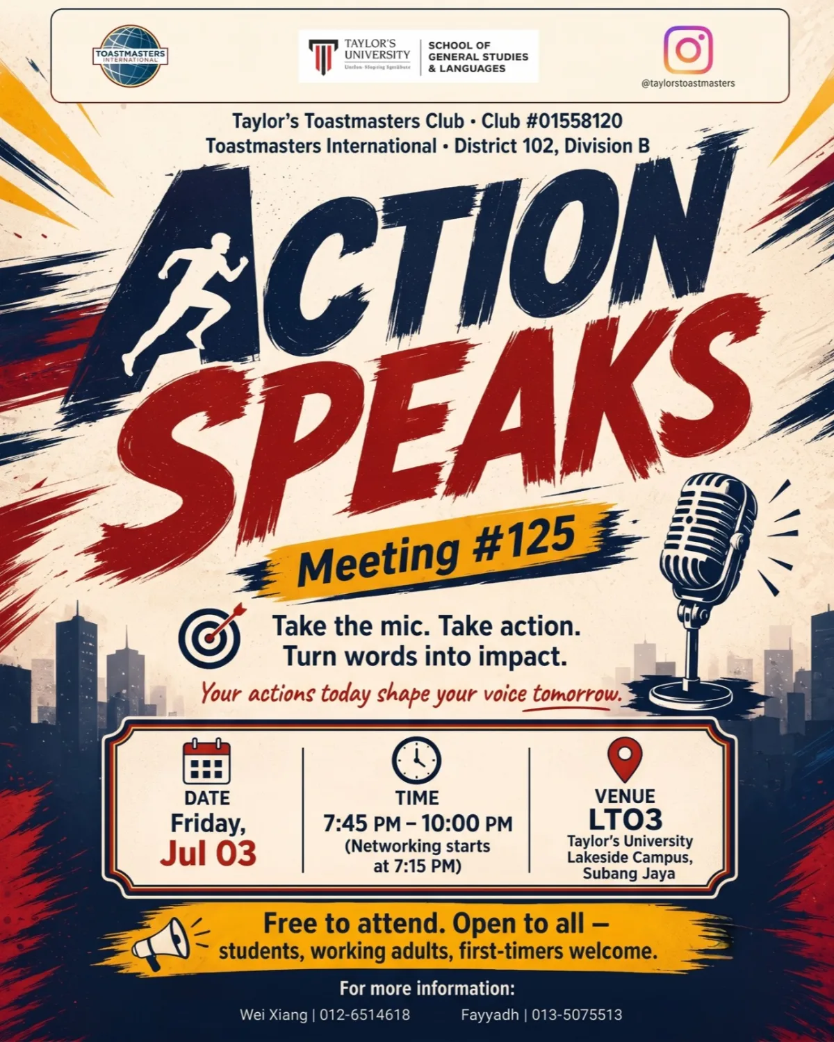 Taylor's Toastmasters Club Meeting #125: Action Speaks louder than nerves. event poster