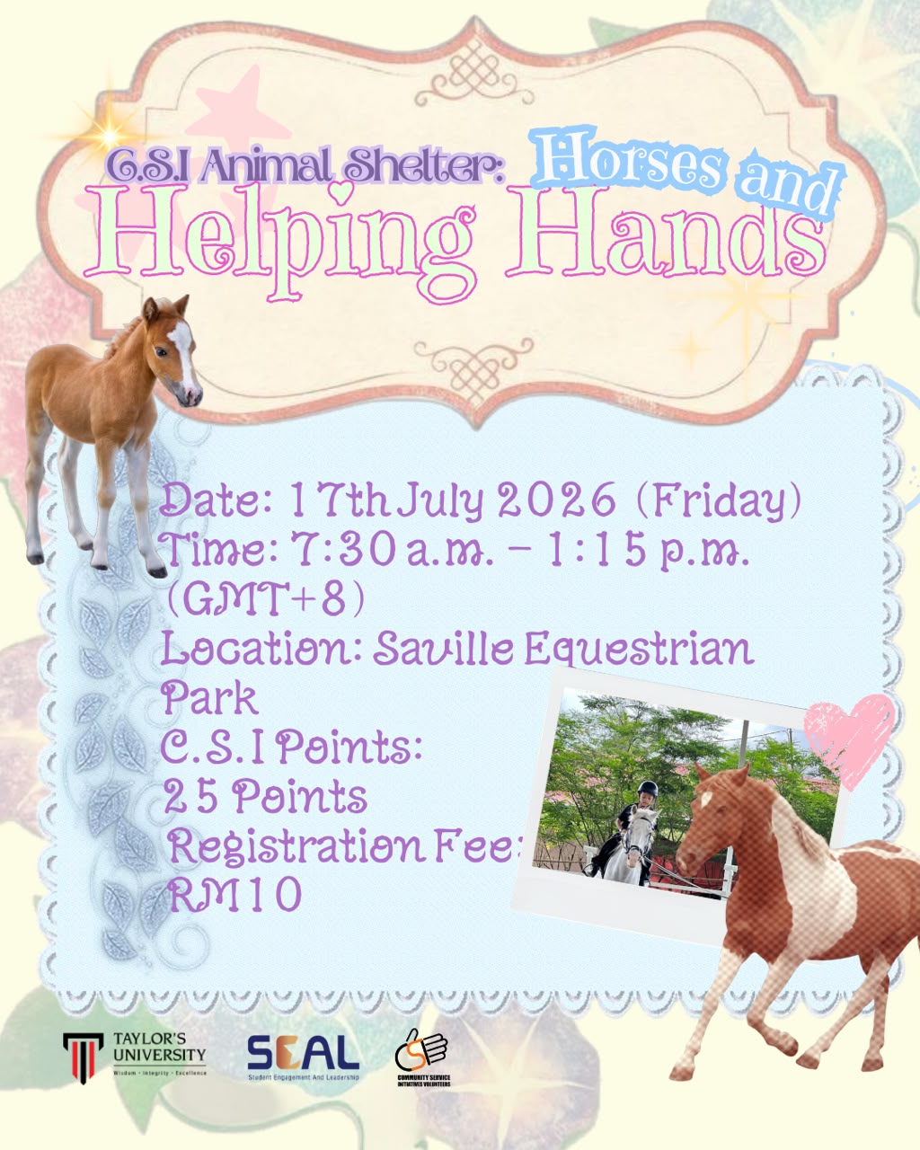 C.S.I Animal Shelter: Horses & Helping Hands event poster