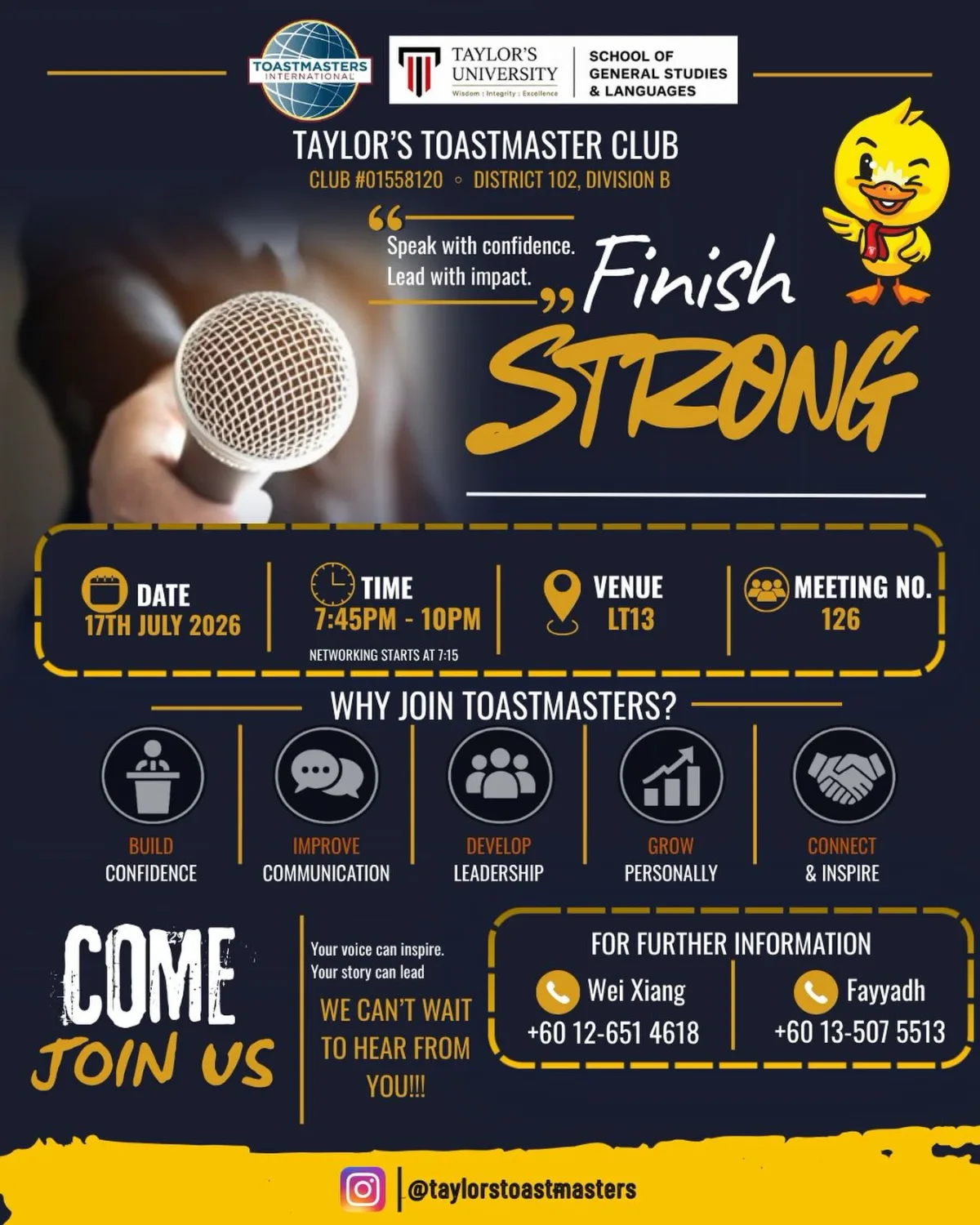 Taylor's Toastmasters Club Meeting #126: Finish Strong event poster