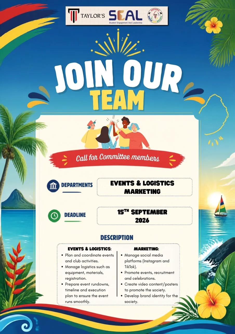 Taylor's Mauritian Society: Calling for Committee Members! event poster