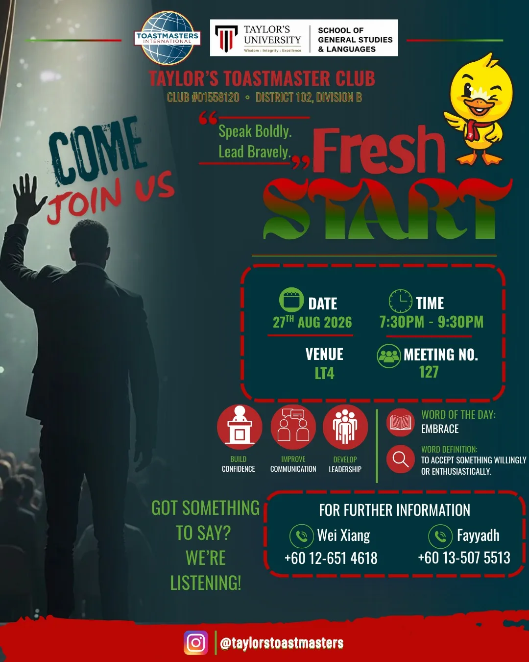 Taylor's Toastmasters Club Meeting #127: Fresh Start event poster
