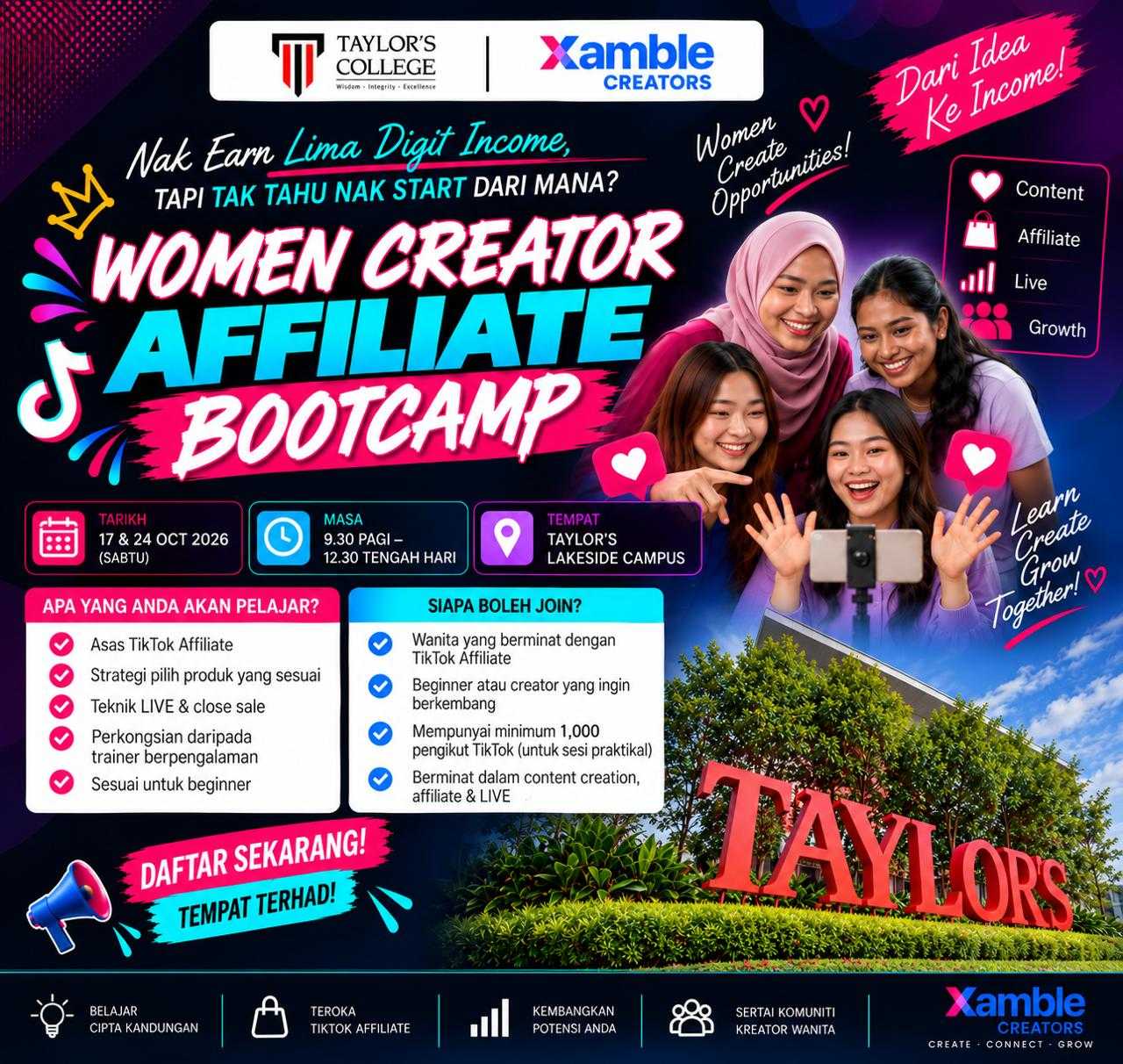 Taylor's College X Xamble Creators "Women Creator Affiliate Bootcamp" (Day 1) event poster