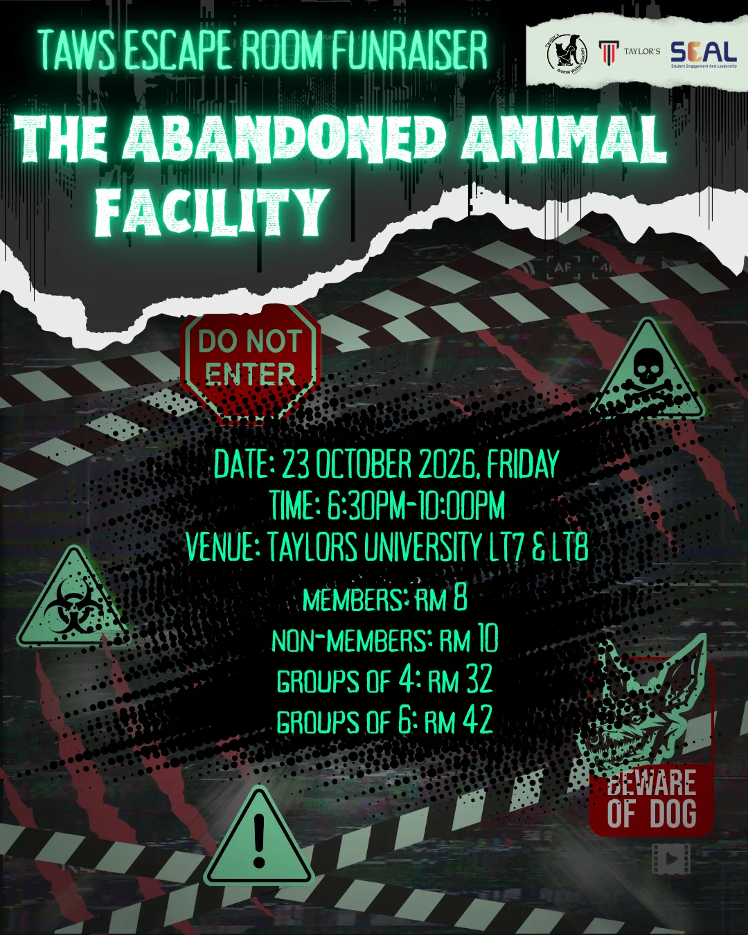 TAWS's Escape The Abandoned Animal Facility event poster