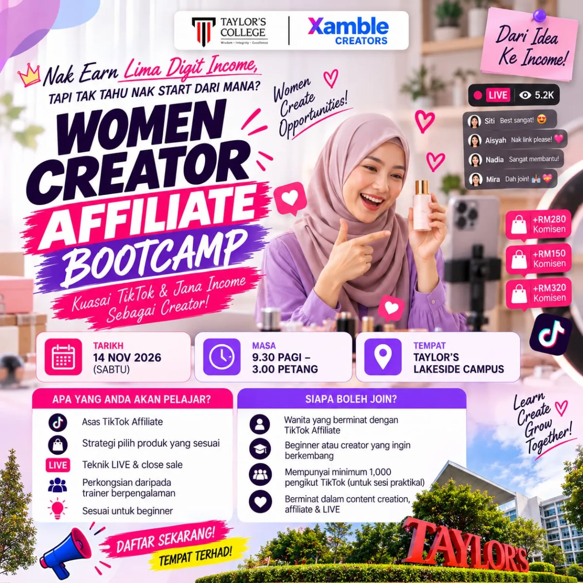 Taylor's College X Xamble Creators FINAL Women Creator Affiliate Bootcamp event poster
